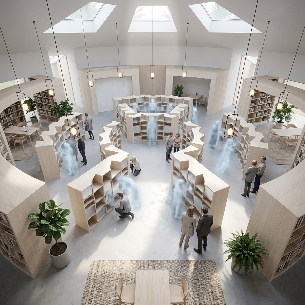 Biblioteca escandinava luminosa con presencias etéreas